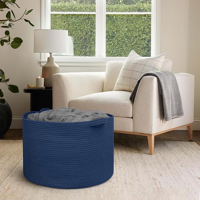 MEGASKET 115L Dark Blue Basket for Organizing, 23.6" x 15.7" XXXL Woven Cotton Rope Laundry Basket, Oversized Blanket Storage for Living Room Bedroom, Kids Toy Box Organizer, Pool Towel Storage Bin