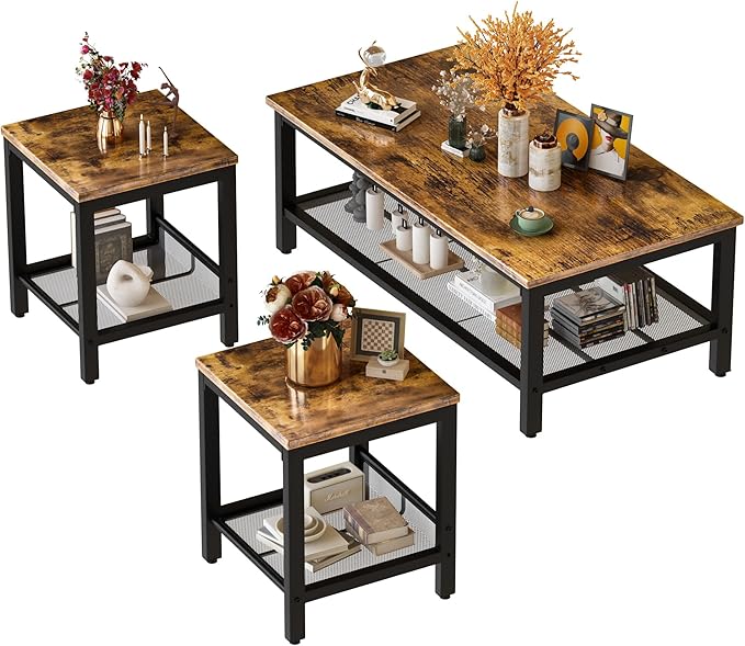 AWQM Coffee Table Industrial Coffee Table with 2 Square End Side Tables, Modern Living Room Table Set with Metal Frame for Apartment Home Office, Rustic Brown Set001