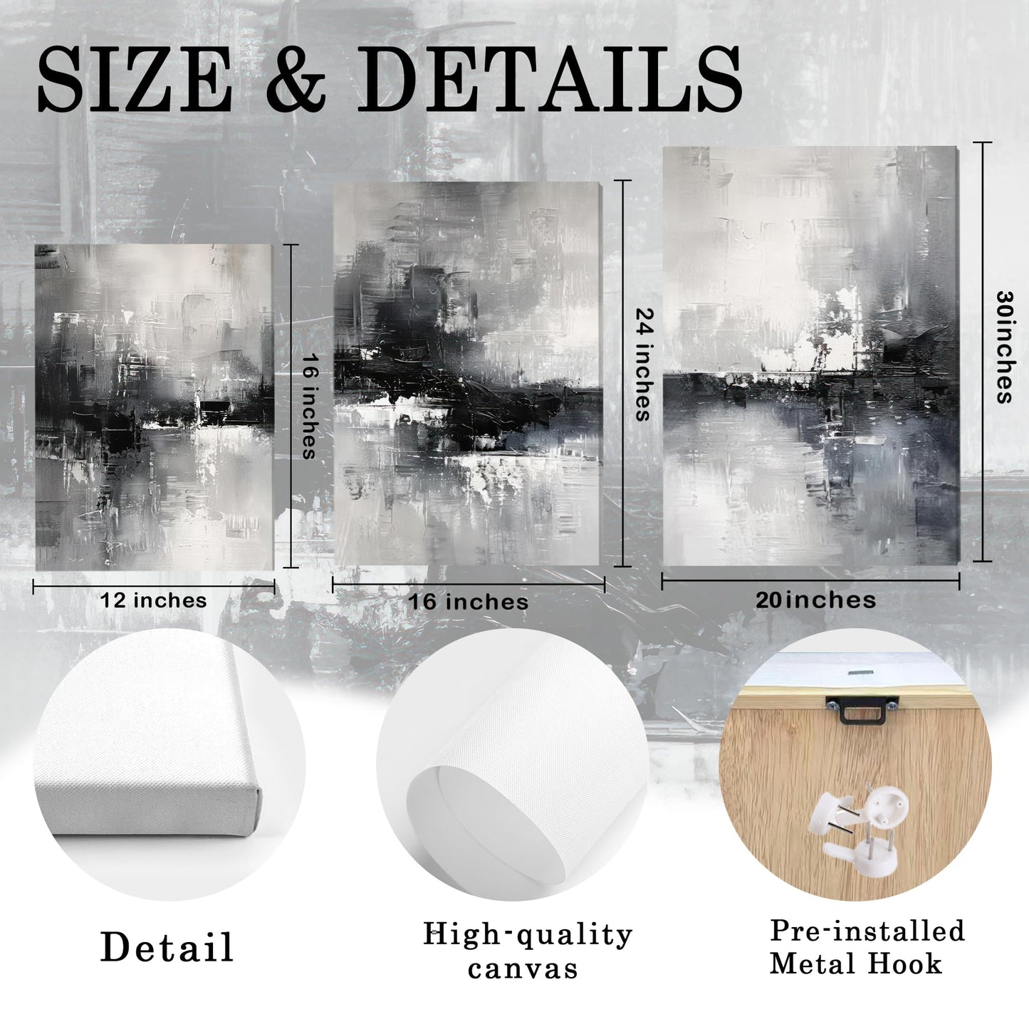 AVECCO 3 Pieces Large Black and White Abstract Wall Art, Modern Black and White Grey Canvas Wall Decor, Dark Contemporary Minimalist Art Prints for Bedroom Living Room Office Home Decoration 24x36 In