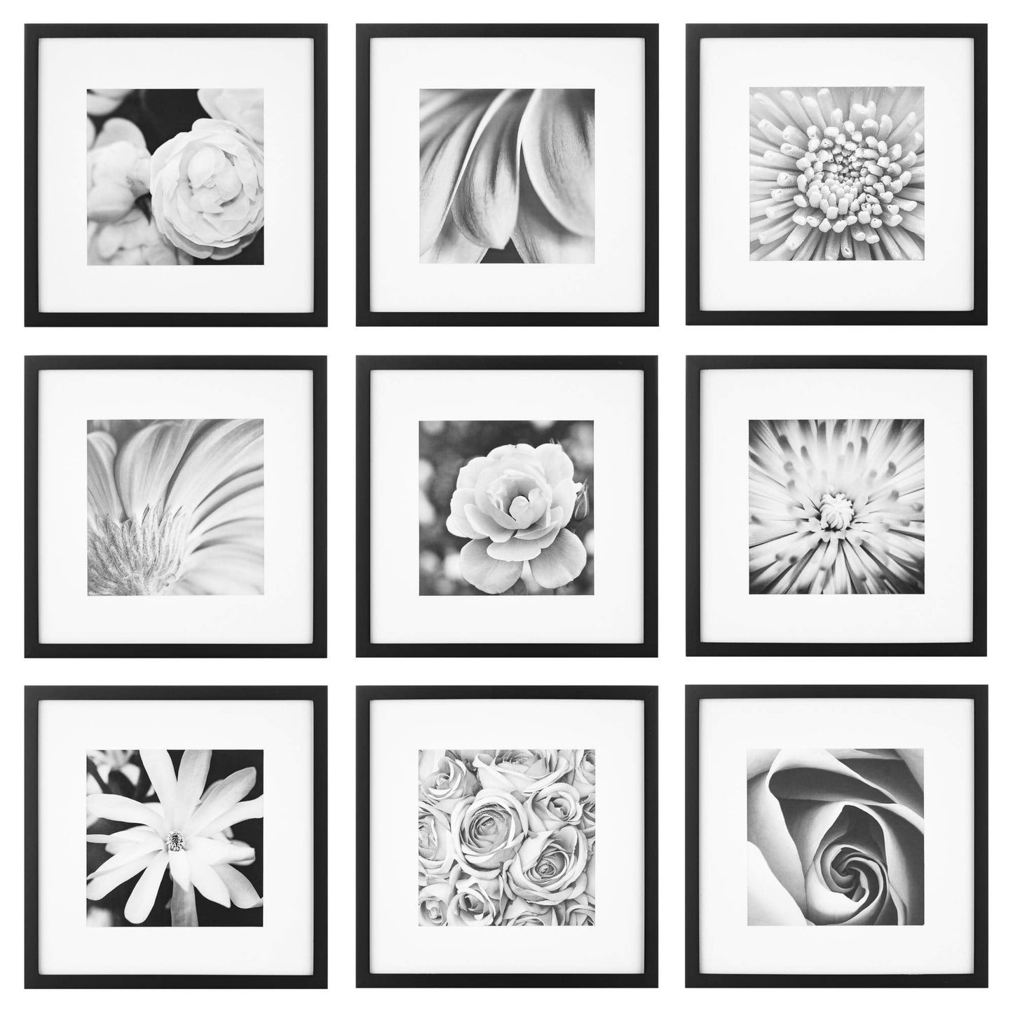 Gallery Perfect 12x12 Picture Frames, 9 Piece Set with Real Glass Cover for 8x8 Photos With Mat, Picture Frames Collage Wall Decor for Gallery Wall, Home Decor, Black