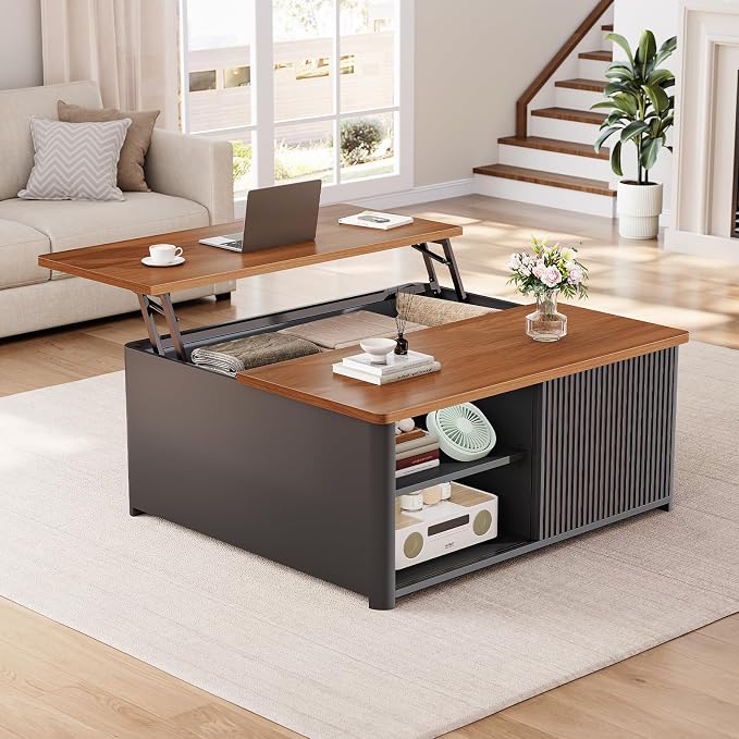 SEDETA 31.5" Lift Top Coffee Table with Storage, Square Coffee Tables for Living Room, Fluted Coffee Table with Large Hidden Storage Compartment and Adjustable Shelves, Fluted Black
