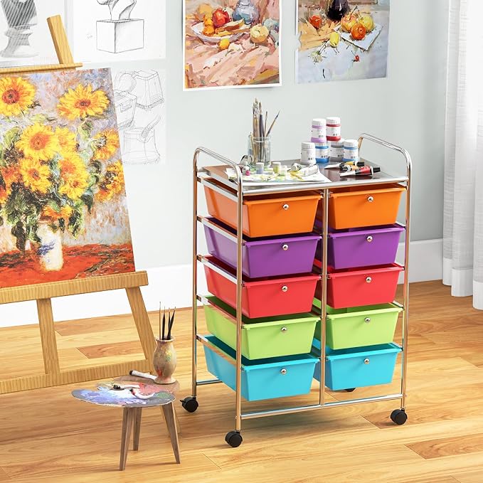 Giantex 10 Drawers Rolling Cart, Classroom Organizers, Storage Cart with Wheels, for Teacher Office Home School Supplies Tool Craft Art Paper, Rainbow Color