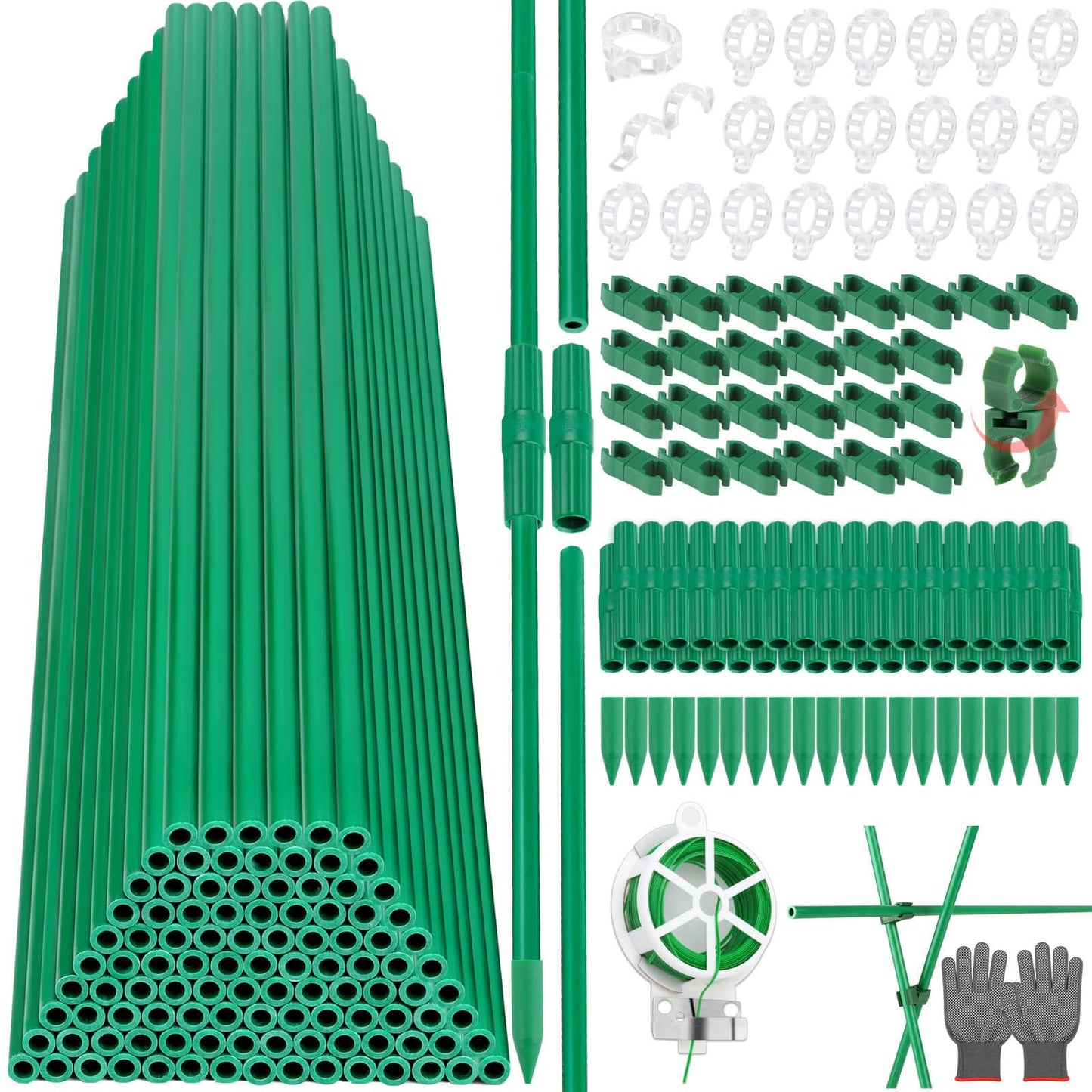 Tetutor 337 PCS Garden Stakes, Fiberglass Tomato Stakes, Garden Sticks with Accessories, 105 Sets DIY 4ft, 5ft, 6ft, 7ft Plant Stakes, Plant Sticks Supports for Indoor Outdoor Plants, Vegetables