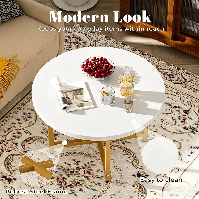 FAMIDGE Round Coffee Table, Small Coffee Tables for Living Room, Wood Coffee Table with Metal Frame, Floor Table Desk for Sitting on The Floor, Home, Office, Farmhouse, White & Gold (23.6"D x 17.7"H)