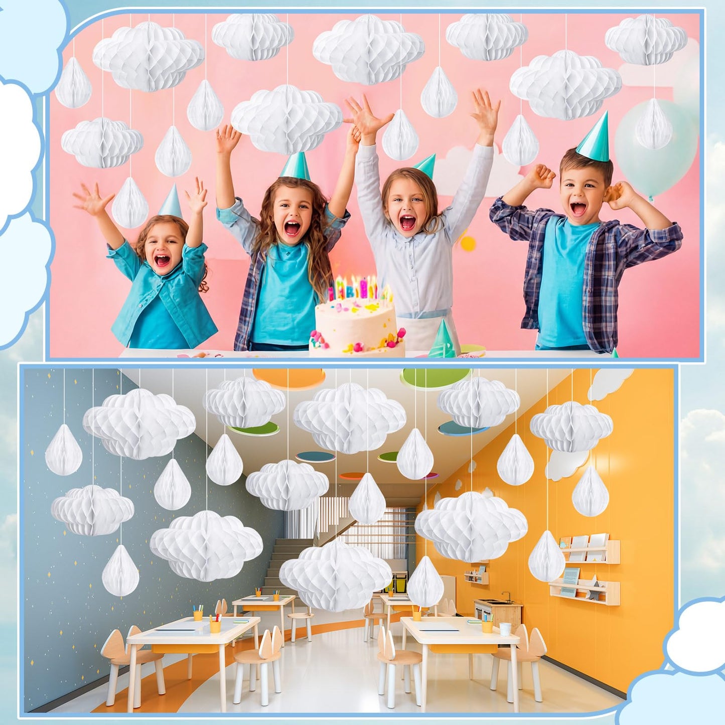Affrolling 20 Pcs 3D Cloud Decorations Raindrop Decorations Hanging Honeycomb Decor Artificial Fake Cloud Ornaments for Ceiling Birthday Nursery Room Baby Shower Party Decor