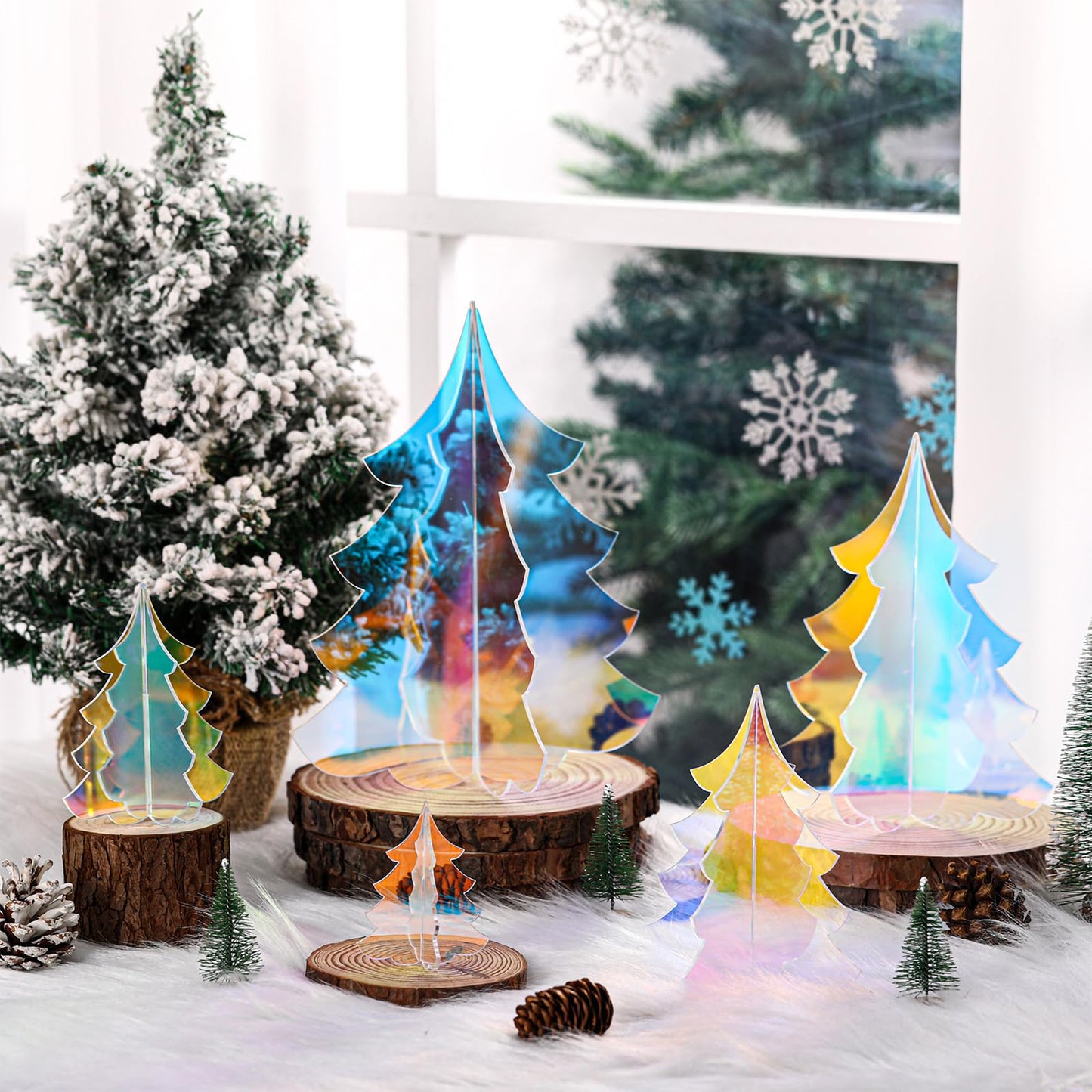 Amyhill 5 Set Holographic Christmas Tree Decor for Fireplace Mantel Iridescent 3D Christmas Tree for Window Shelves Table Centerpieces Modern Party Winter Decor