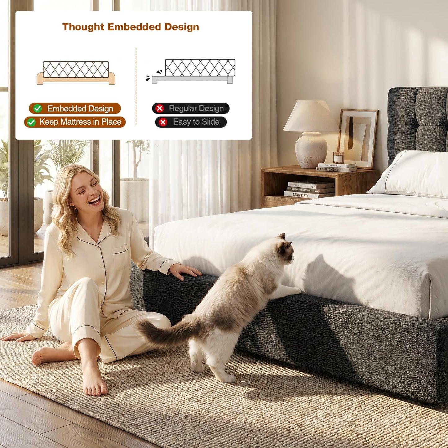 Queen Bed Frame with Headboard, Heavy Duty Upholstered Cloud Platform Bed with 2 Center Support Beams & Crossbar, 5.9" Thickened Foam for Safety, No Box Spring Needed, Easy Click‑In Assembly, Grey