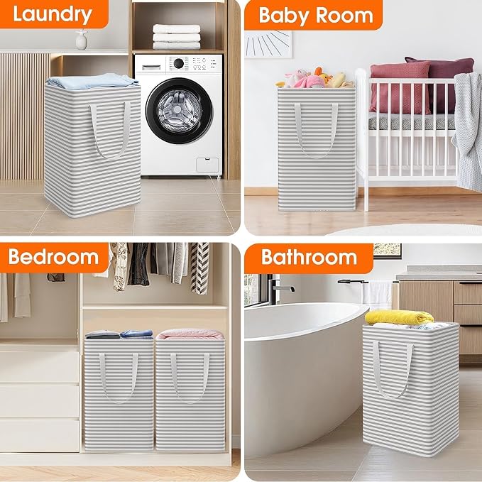 3 Pack Laundry Basket 75L Each, Waterproof & Freestanding Large Laundry Hamper, Collapsible Clothes Hampers with Easy Carry Handles in Bedroom Bathroom, College Dorm(225L Total, Gray)