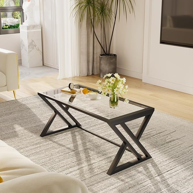 Wolawu Coffee Table Black Glass Coffee Table for Living Room,Modern Rectangular Center Table with Sturdy Metal Frame,Tempered Glass Table Tea Tables for Bedroom Home Office