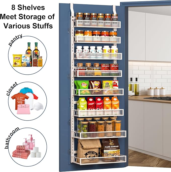 Over the Door Pantry Organizer 8 Tier Hanging or Wall Mounted Spice Rack with Adjustable Basket,Heavy Duty Metal Seasoning Organizer Shelf for Kitchen Pantry and Bathroom