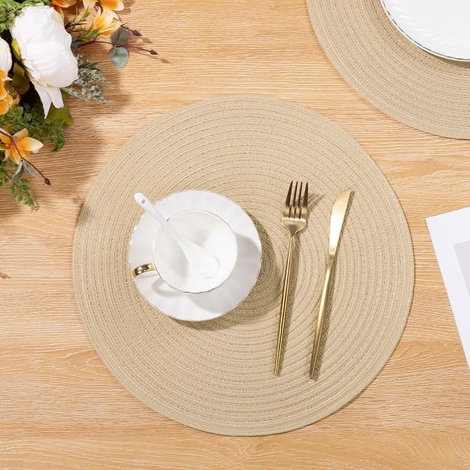 SHACOS 15 inch Round Placemats Set of 8 for Dining Table Cotton Polyester Braided Place Mats Washable Kitchen Table Mats for Dinner Party Table (Light Beige, 8)