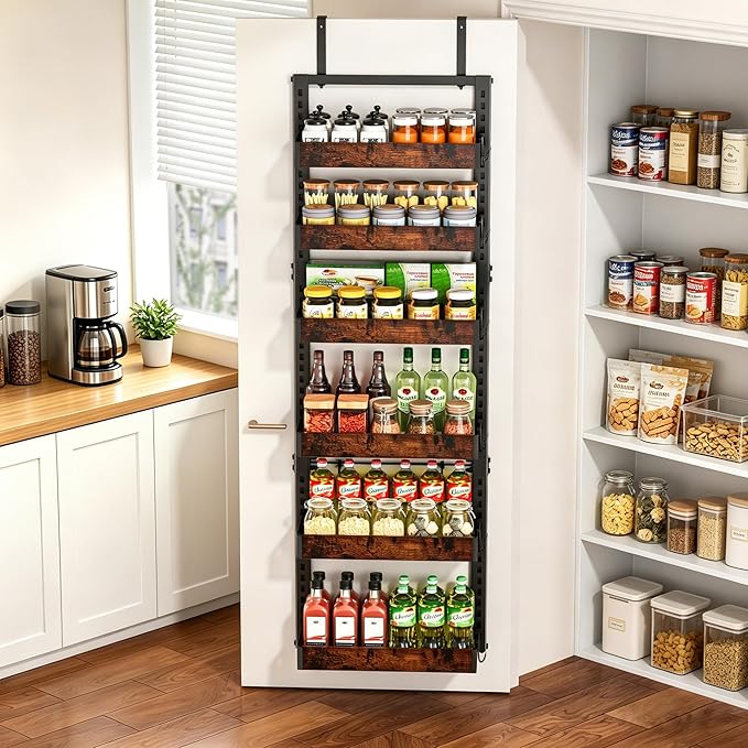 BUKFEN 6-Tier Over the Door Pantry Organizer, 2-in-1 Door Hanging or Wall Mounted Spice Rack with Adjustable Wooden Baskets, Heavy Duty Metal Storage Shelf, 12 Hooks for Kitchen, Bathroom, Closet