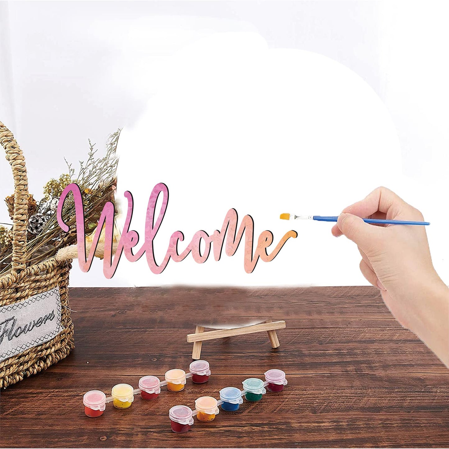 CREATCABIN Welcome Sign Wall Art Decor Welcome Wood Cutout Hanging Welcome Sign Rustic Welcome Sign for Front Door Home Apartment Kitchen Party Garden Farmhouse Porch 12 x 4.7 Inch