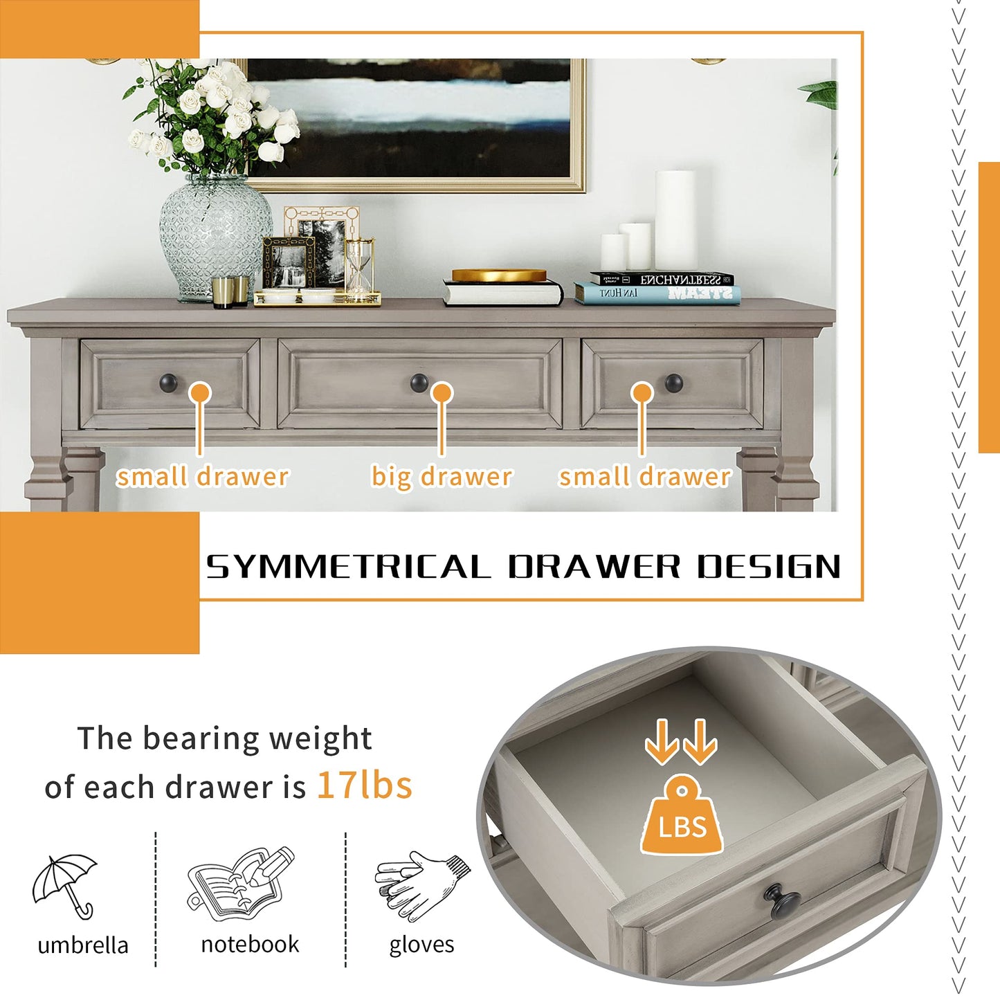 Merax Classic Long Narrow Console Table for Entryway Hallway Sideboard with Storage Drawers and Bottom Shelf Gray Wash