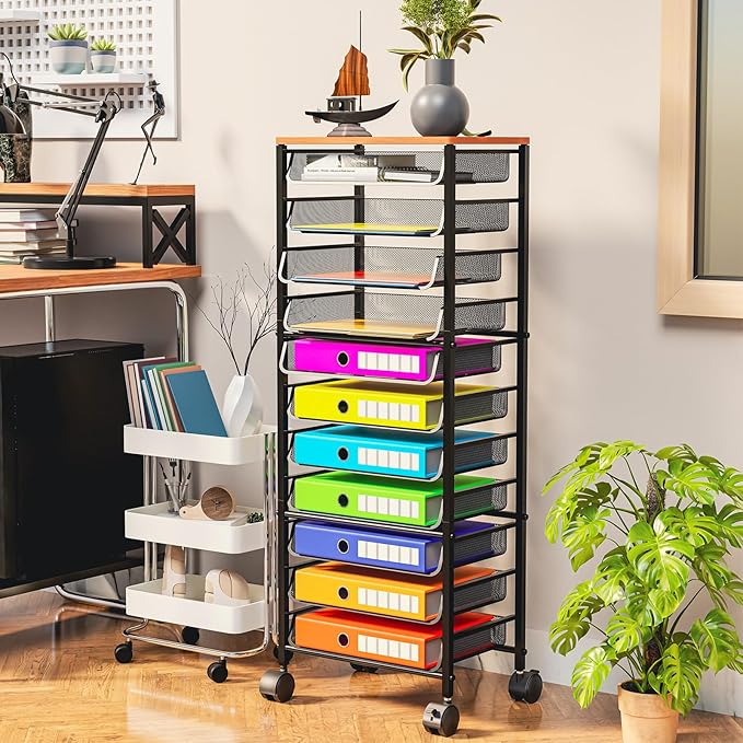 Simple Trending 12-Tier Rolling File Cart, Desk File Organizer with 11 Mesh Sliding Trays, Letter & Legal Paper Storage Rolling Utility Cart for Office Home School, Black