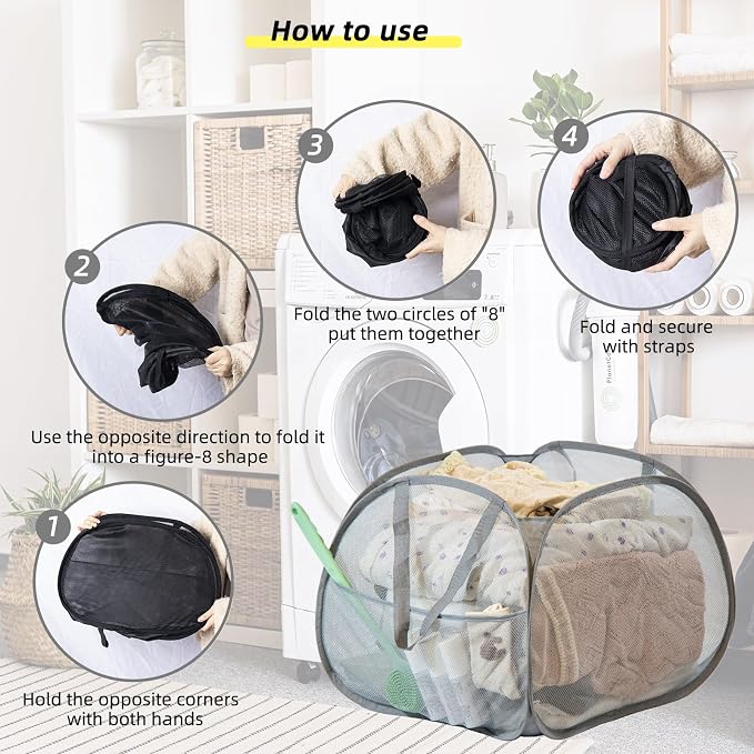 Collapsible Laundry Basket, 90L Foldable Pop-up Laundry Hamper with Handles, Square Mesh Dirty Clothes Hamper for Laundry, Bathroom, Kids Room, Dorm,Travel or Camping (Gray)