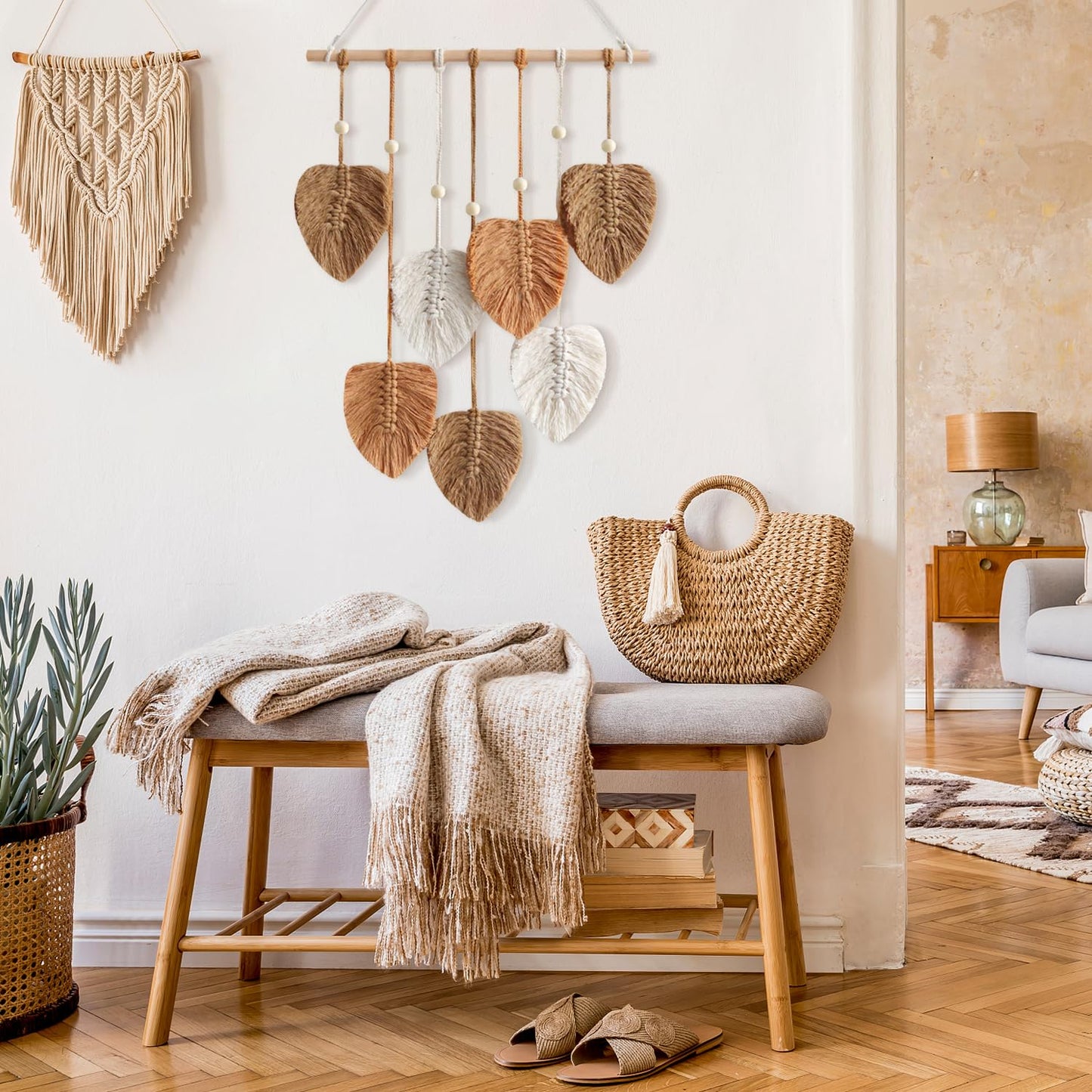 Urbun Macrame Leaves Wall Hanging Boho Macrame Wall Decor Handmade Yarn Woven Wall Art Leaf Tapestry Bohemian Decoration for Nursery Bedroom Living Room,15.7 x35.4Inch