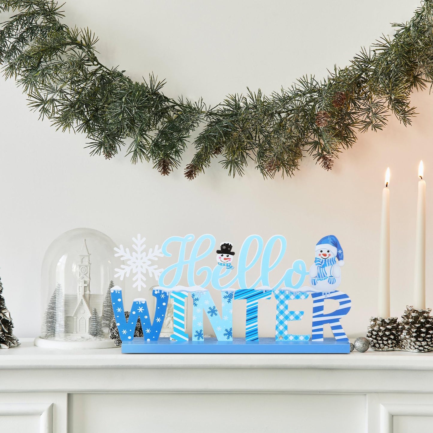 MiniInflat Hello Winter Table Decor Winter Metal Table Sign Christmas Blue Snowman Snowflake Decor with Wood Base for Wonderland Decorations Xmas Home Tiered Tray Mantel Tabletop Centerpiece