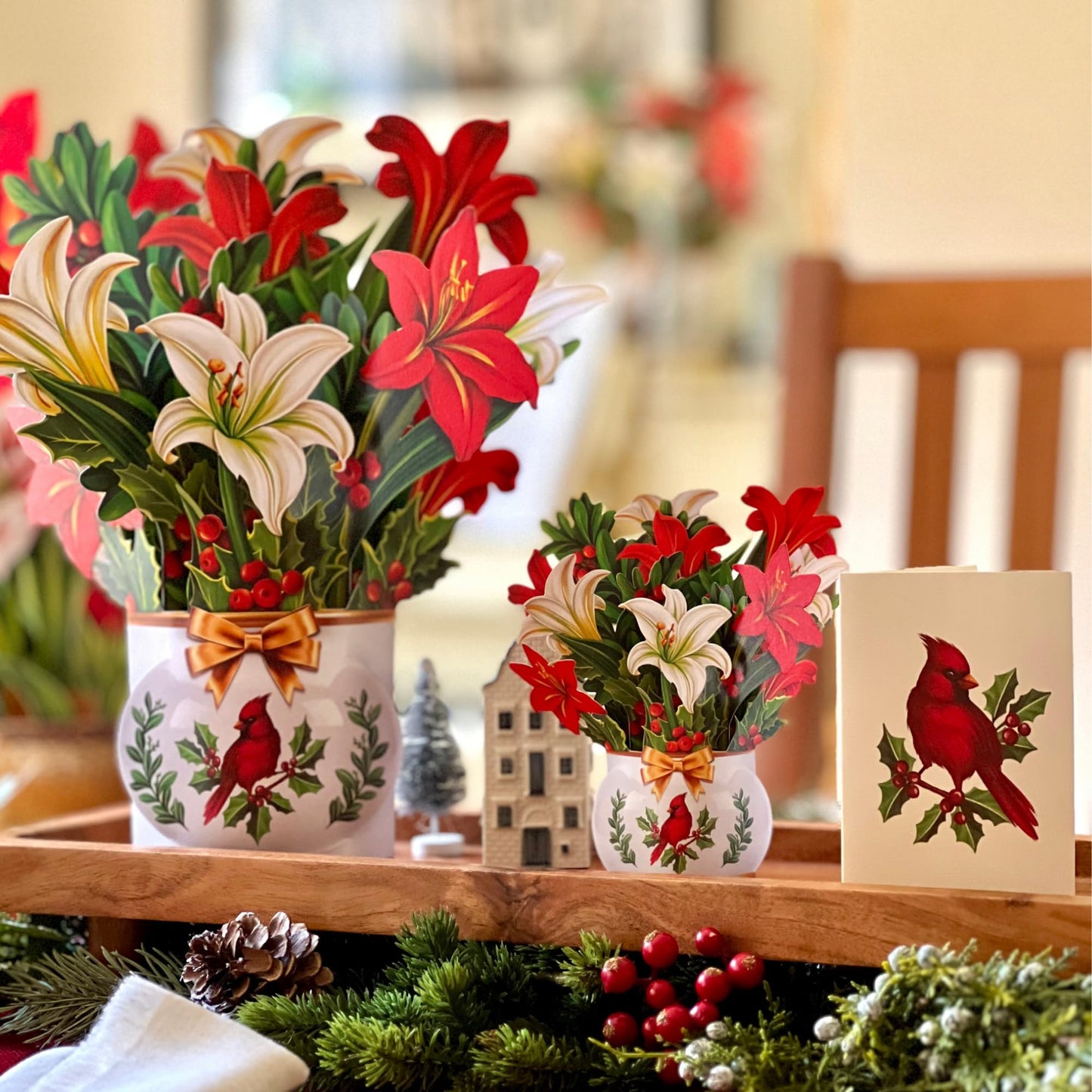 Freshcut Paper Pop Up Cards, Mini Winter Joy, 6 inch Mini Sized Paper Flower Bouquet 3D Popup Greeting Cards, Christmas Card, Holiday Card, Blank Notecards & Envelopes, Pack of 5