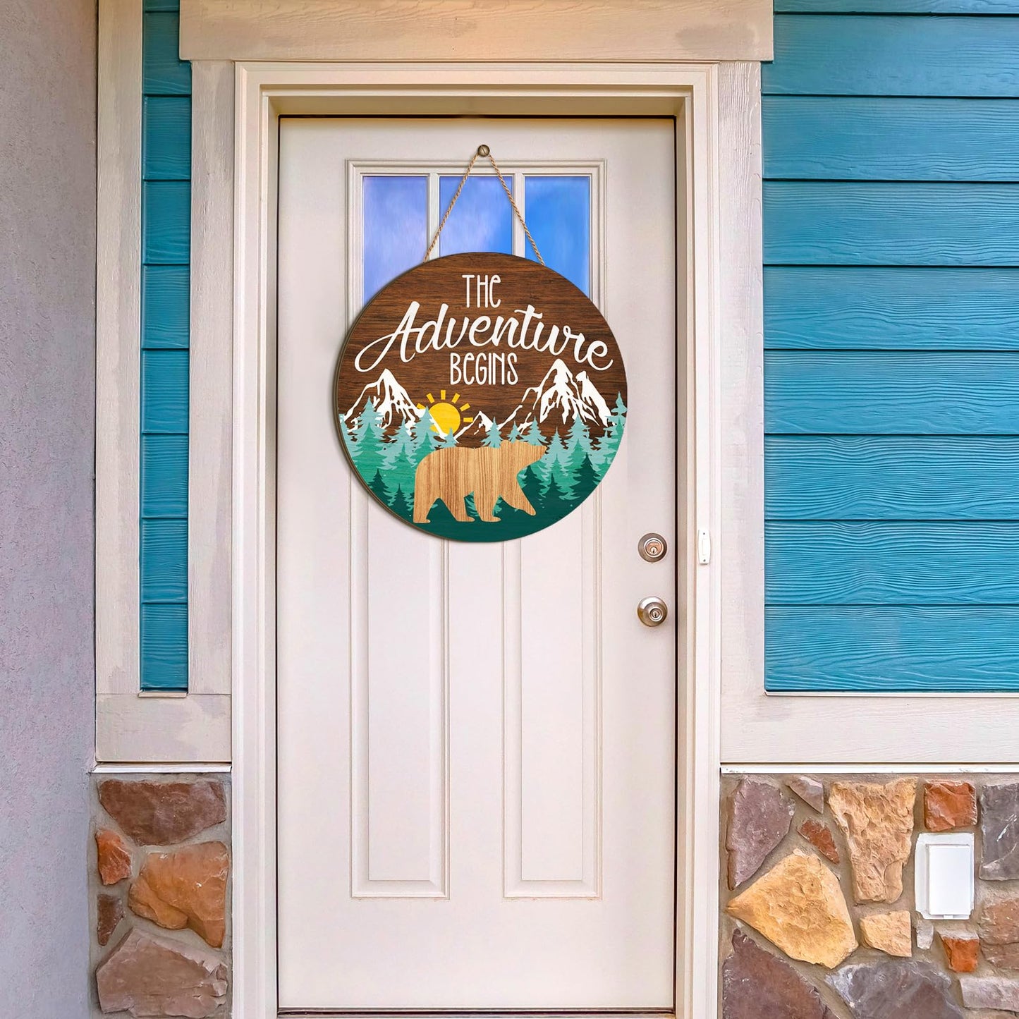 Chunful The Adventure Begins Wooden Hanging Sign, 12 x 12'' Woodland Nursery Decor, Green Trees Brown Background Inspirational Quotes Wooden Plank Sign for Home Cabin, Forest Camping Sign
