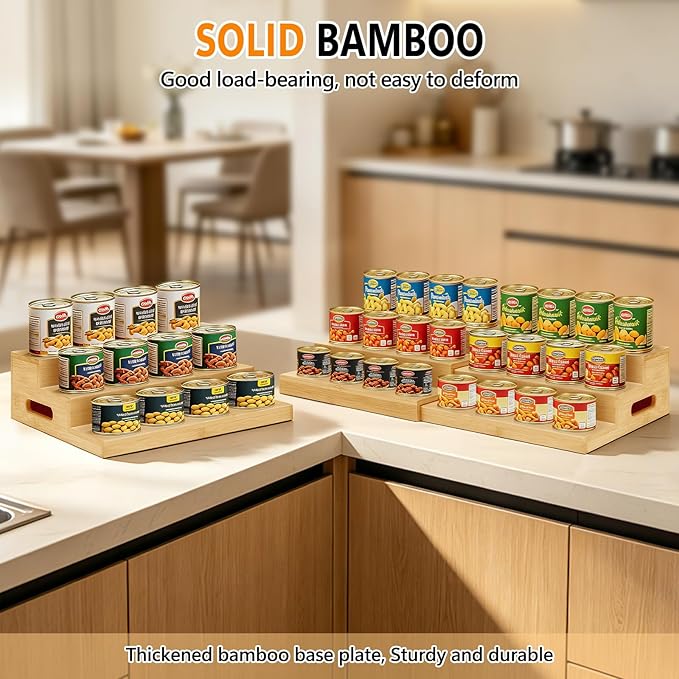 2 Pack Bamboo Expandable Can Rack Organizer for Pantry, Stackable 3 Tier Canned Food Organizers and Storage, Kitchen Cabinet, Food Can Holders Dispensers for Pantry Up To 48 Cans