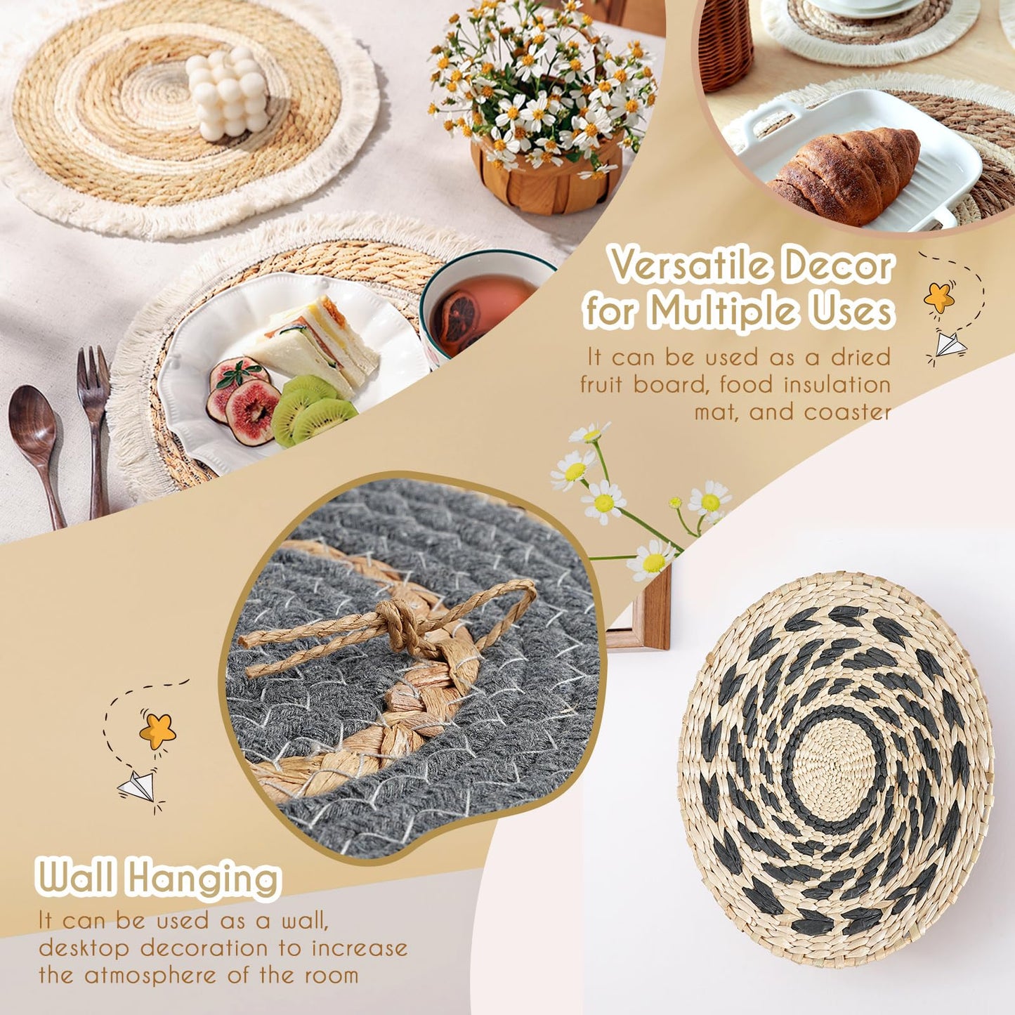 7PCS Boho Wall Baskets Set, Boho Wall Decor, Round Handmade Seagrass Rattan Wicker Wall Art Room Decor Hanging Wall Basket Decor for Farmhouse Living Room Bedroom Display Table Kitchen Home (Black)