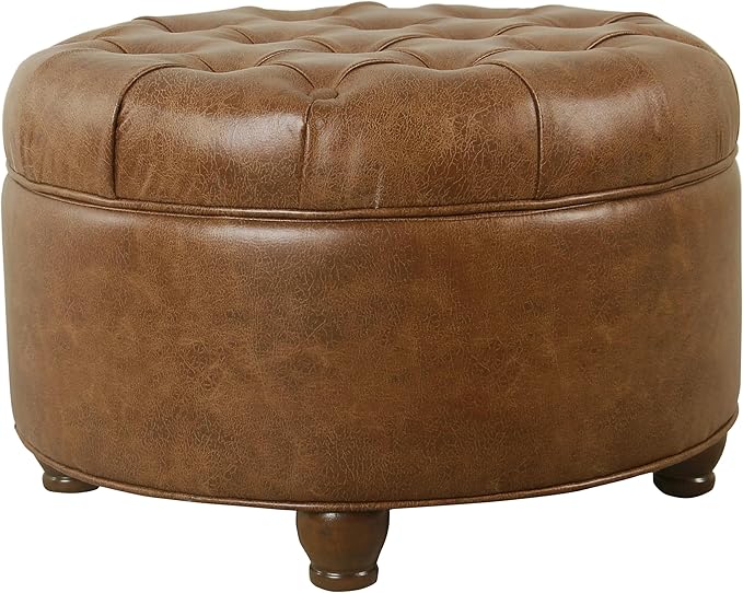Homepop Home Decor | Button Tufted Faux Leather Round Storage Ottoman | Ottoman with Storage for Living Room & Bedroom (Brown)