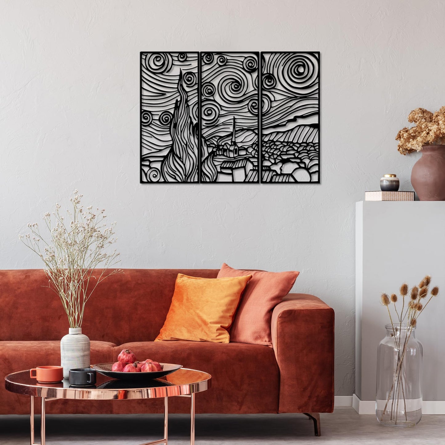 Slickss Starry Night Wall Art Metal,Black Van Gogh Wall Decor-Modern Laser Cut Steel Panel for Living Room, Office, Bedroom-Unique Industrial Home Artwork