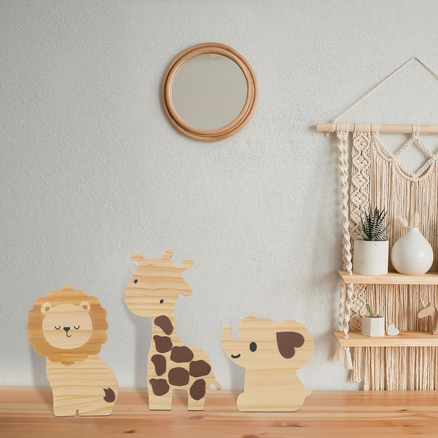 Barydat 3 Pcs Wood Safari Nursery Decor Cute Woodland Animal Nursery Safari Decoration Woodland Animal Jungle Themed Room Decor Giraffe Lion Elephant Art for Baby Shower Bedroom Boy Girl Gifts