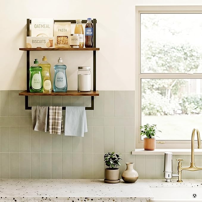Wall Mounted Towel Rack for Bathroom, Bath Storage Holder 3-Tier Steel Wood Towel Shelf with Bar, Rustic Brown