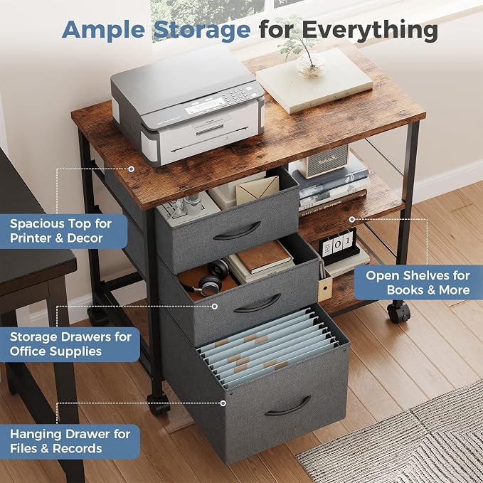 OLIXIS 3-Tier Printer Stand with Fabric Storage Drawer, Rolling Printer Cart with Lockable Wheels and Metal Frame, Under Desk Table with Open Storage Shelf for Small Spaces, Home, Office, Gray