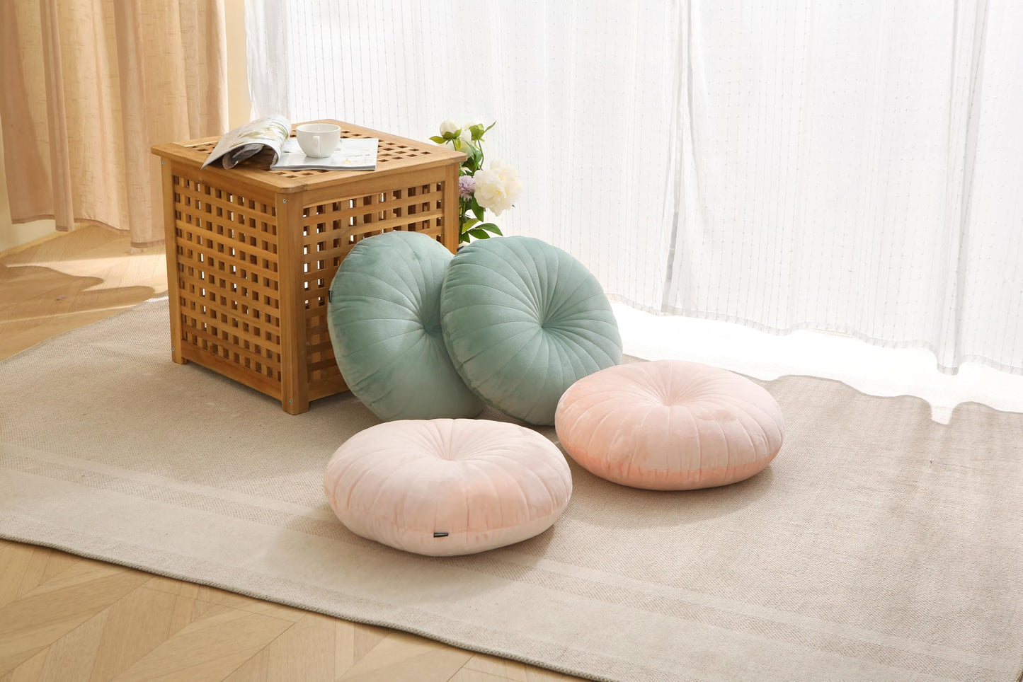 MolynnChic Floor Pillow Meditation Cushion Round Large Floor Pillows Seating for Adults, Velvet Thick Floor Cushions for Yoga Living Room Balcony Outdoor Tatami 18inch（Green）