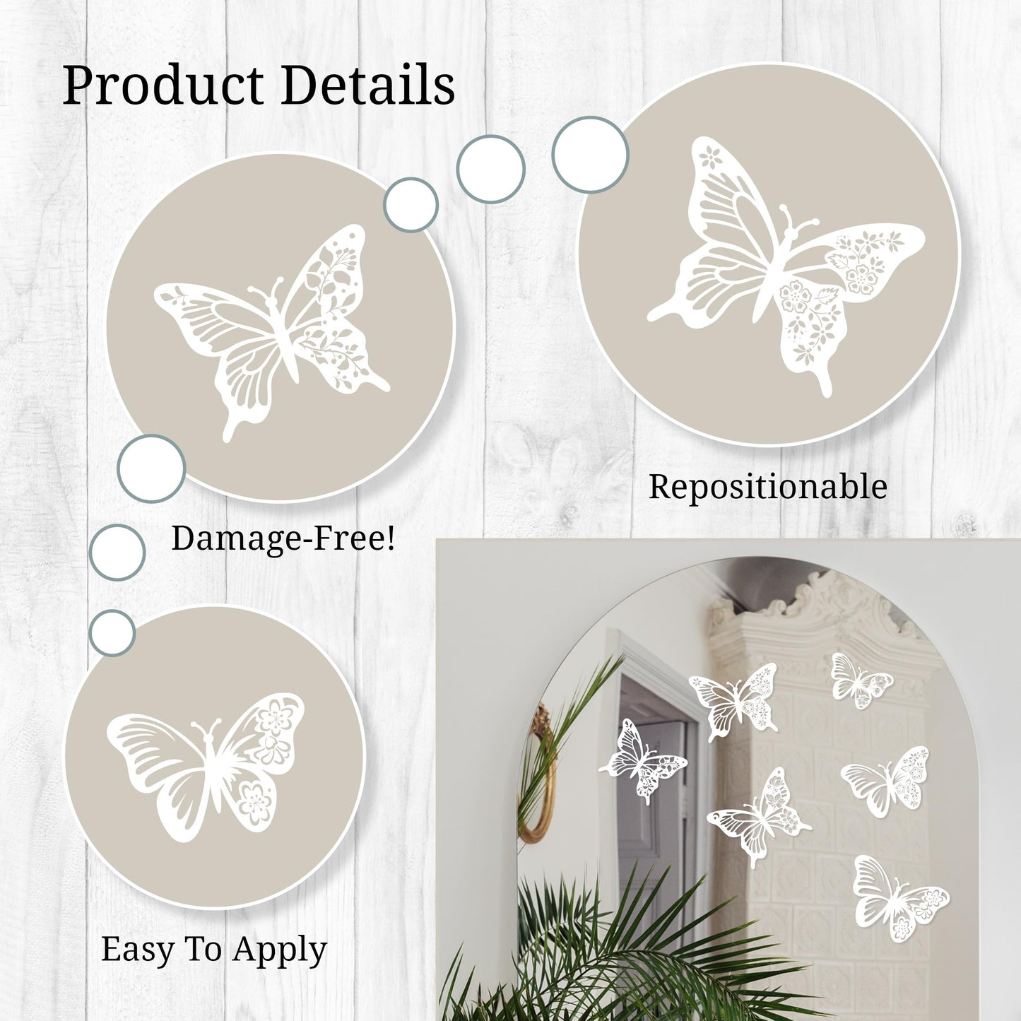 White Floral Butterfly Mirror Decals - Vinyl Stickers for Mirrors, Walls, Doors, Windows - Easy to Apply and Remove - Nursery Living Room Nursery Laundry Kitchen