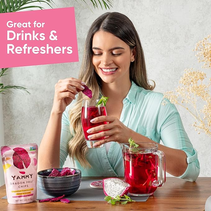 Yammy Dried Dragon Fruit Chips for Drinks Refreshers, Healthy 1 Ingredient Superfood Snack, Crunchy Like Freeze Dried Dragonfruit Chunks, Dehydrated Pitaya Pieces, Gluten Free Vegan (1.2oz Pack of 12)
