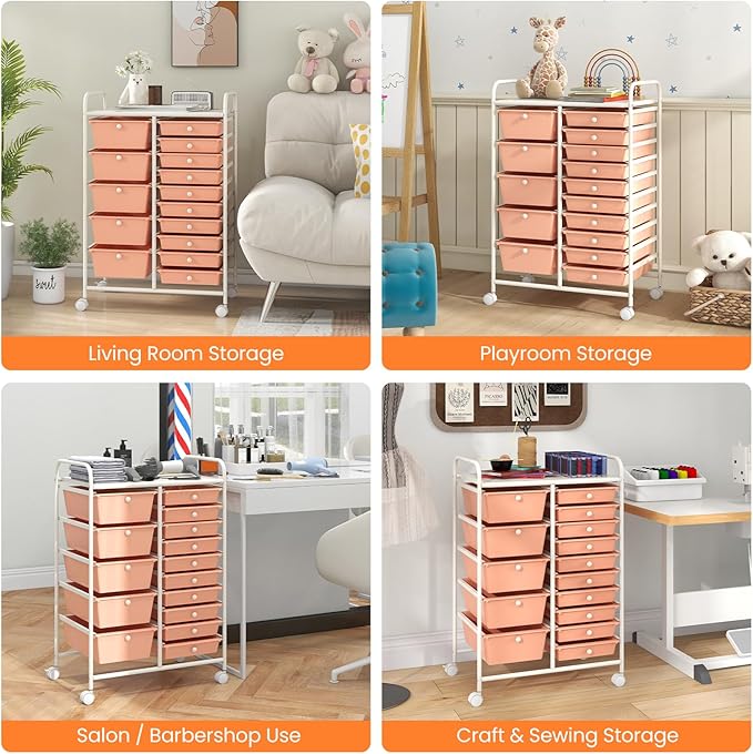Giantex 15 Drawers Rolling Cart, Classroom Organizers, Storage Cart with Wheels, for Teacher Office Home School Supplies Tool Craft Art Paper