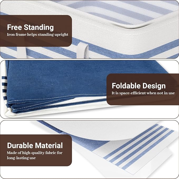 WOWBOX 2 Pack Laundry Baskets, Laundry Hampers, Freestanding Dirty Clothes Hampers with Reinforced Handles & Cross Stitch & Waterproof Coating, for Laundry Bedroom Bathroom Dorm,125L Blue