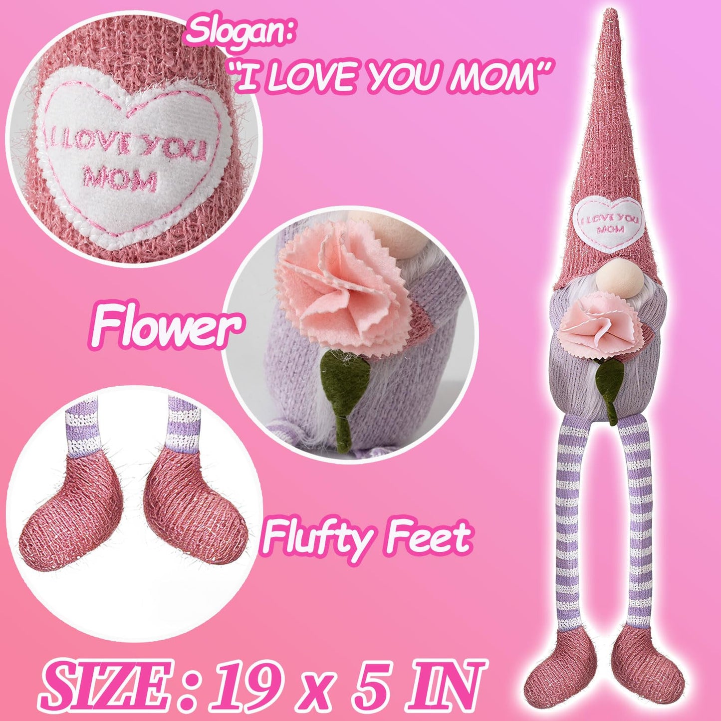 unanscre Mothers Day Gnomes Plush Decorations - 3PCS Long Dangle Leg Spring Gnomes Best Ever Gifts for Women Mom Mama Mommy, Handmade Dolls for Mother‘s Day Home Table Ornament, Tiered Tray Decor