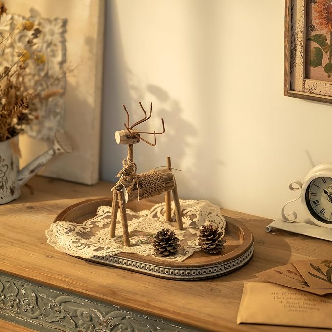 Hanobe Decorative Trays for Coffee Table : Vintage Oval Centerpiece Tray Wood for Farmhouse Dining Table Decor Round Bathroom Tray for Living Room Kitchen Counter
