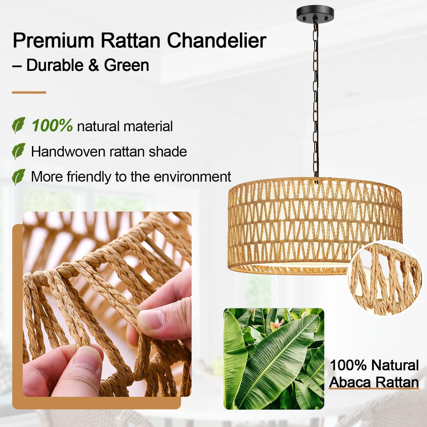 Farmhouse Chandelier Light Fixture, 5-Light Rattan Boho Chandeliers for Dining Room, Hand Woven Pendant Light with Linen Shade, Rustic Hanging Lighting for Kitchen Island, Bedroom (Bulb Not Included)