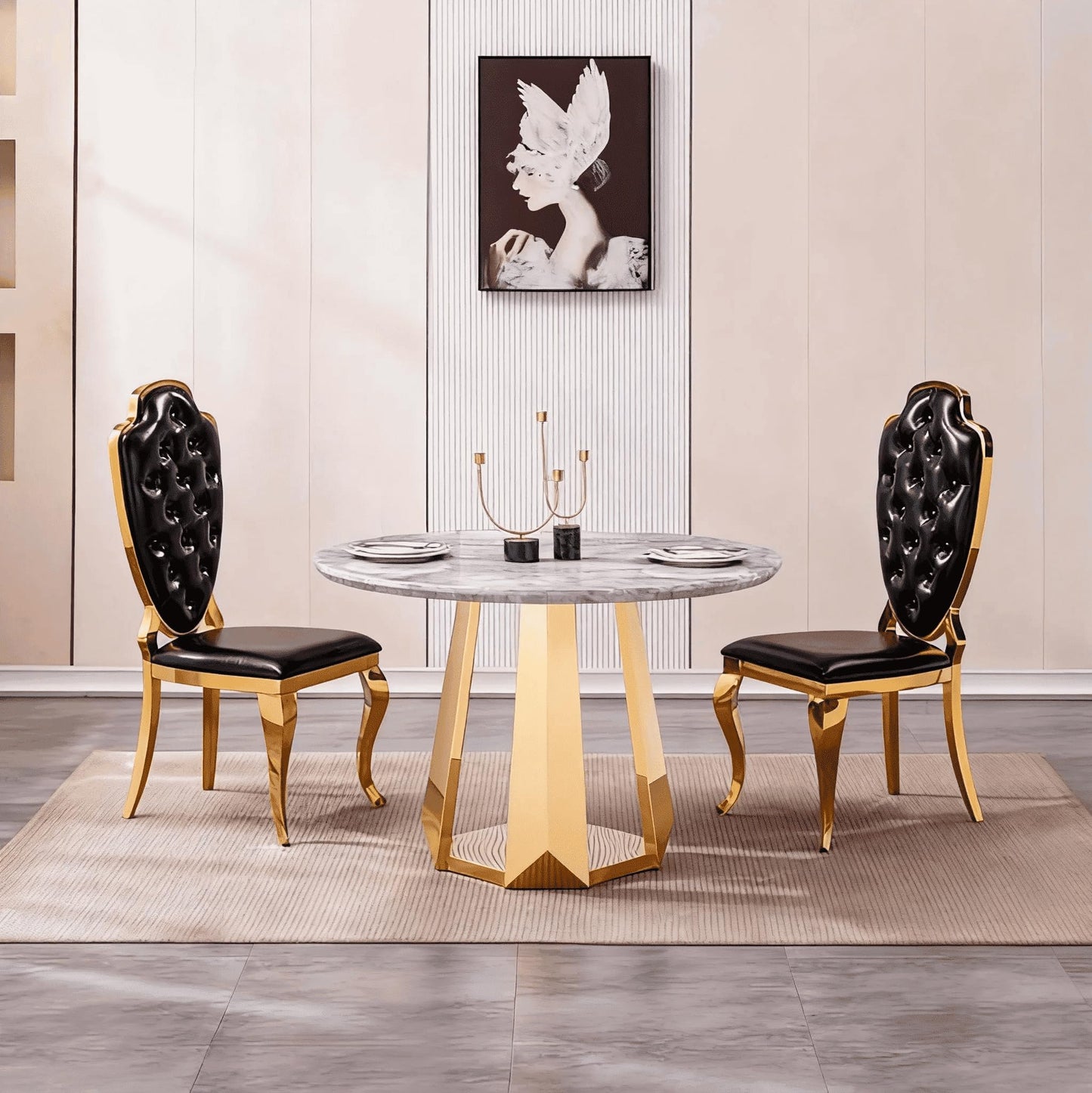Glyph Form Round Faux Marble 47" Dining Table for 4-6, Luxury Gold Kitchen Table with Stainless Steel Base, Easy to Clean & Heavy Duty Modern Dining Room Table for Home Office,Grey, MDF(Table Only)