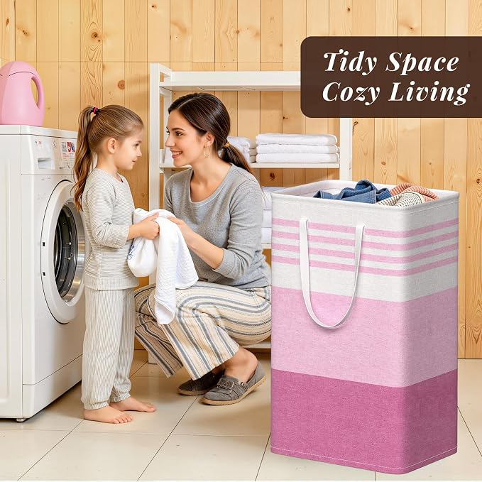 WOWBOX 2 Pack Laundry Baskets, Laundry Hampers, Freestanding Dirty Clothes Hampers with Reinforced Handles & Cross Stitch & Waterproof Coating, for Laundry Bedroom Bathroom Dorm,88L Pink