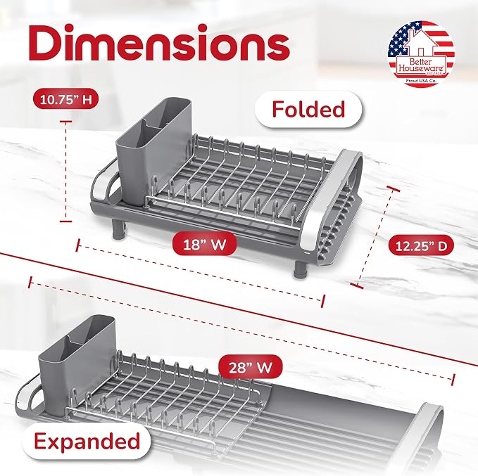 Better Houseware in Sink Dish Drying Rack, Dish Drying Rack in Sink with Non-Slip Handles, Stainless Steel Space-Saving Design, Dish Rack Holds 8 Plates, 12.25 x 18 x 10.75 Inch, Gray