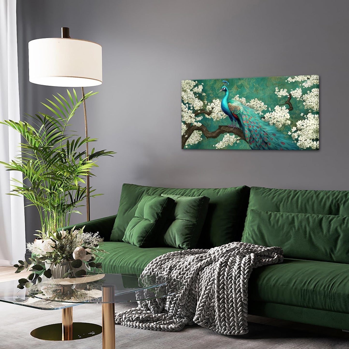 OuElegent Peacock Canvas Wall Art Green and White Flower Elegant Animal Painting Pictures Artworks for Living Room Bedroom Wall Decor Ready to Hang 24"x48"