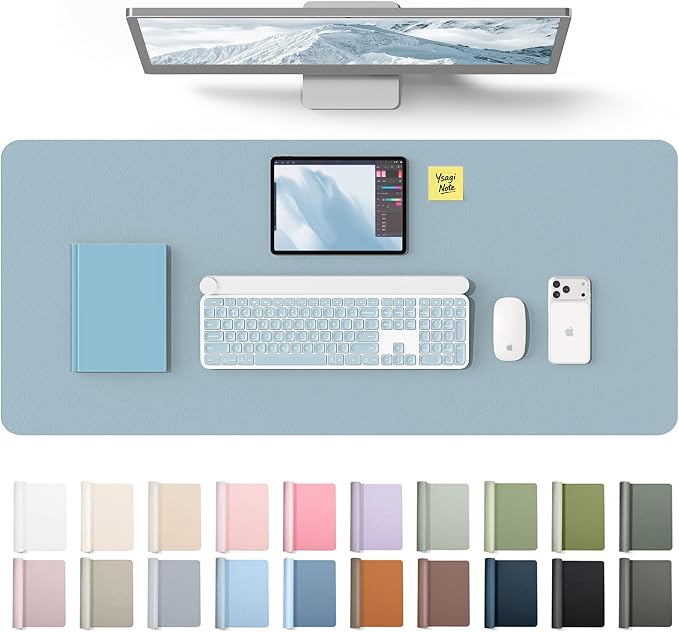 YSAGi Leather Desk Protector, Office Mat, Large Mouse Mat, Non-Slip PU Leather Blotter, Laptop Desk Mat, Waterproof Writing Pad for Office and Home(Ice Blue, 42" x 17.2")