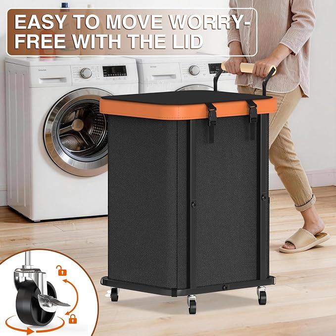 40 Gal (150L) Laundry Hamper with Lid, Leather Patchwork Laundry Basket with Rolling Lockable Wheels and Handle, Laundry Basket Organizer for Laundry Room, Bedroom and Bathroom,Laundry Room - Black