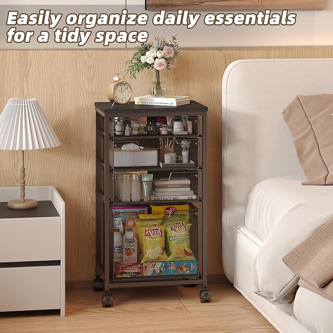 Sbanmao 4 Drawers Rolling Storage Cart, 1 Large Drawer (11.22"D x 12.2"W x 9.84"H) & 3 Small Drawers, Rolling Storage Cart with Lockable Wheels, Craft Storage Cart for Bedroom, Office, Black