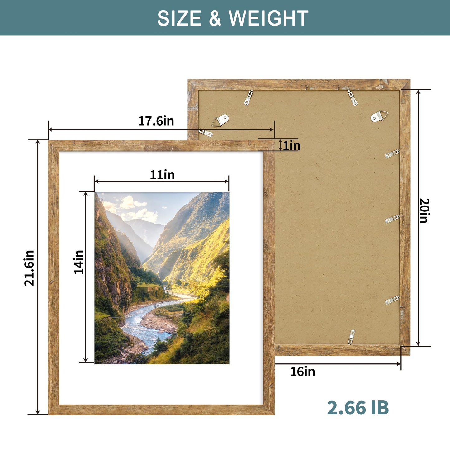 iRahmen 16x20 Picture Frame Set of 2 with Plexiglass, Display Pictures 11x14 with Mat or 16 x 20 Without Mat, Rustic Brown Wood Poster Frame for Photo Wall Gallery Mounting