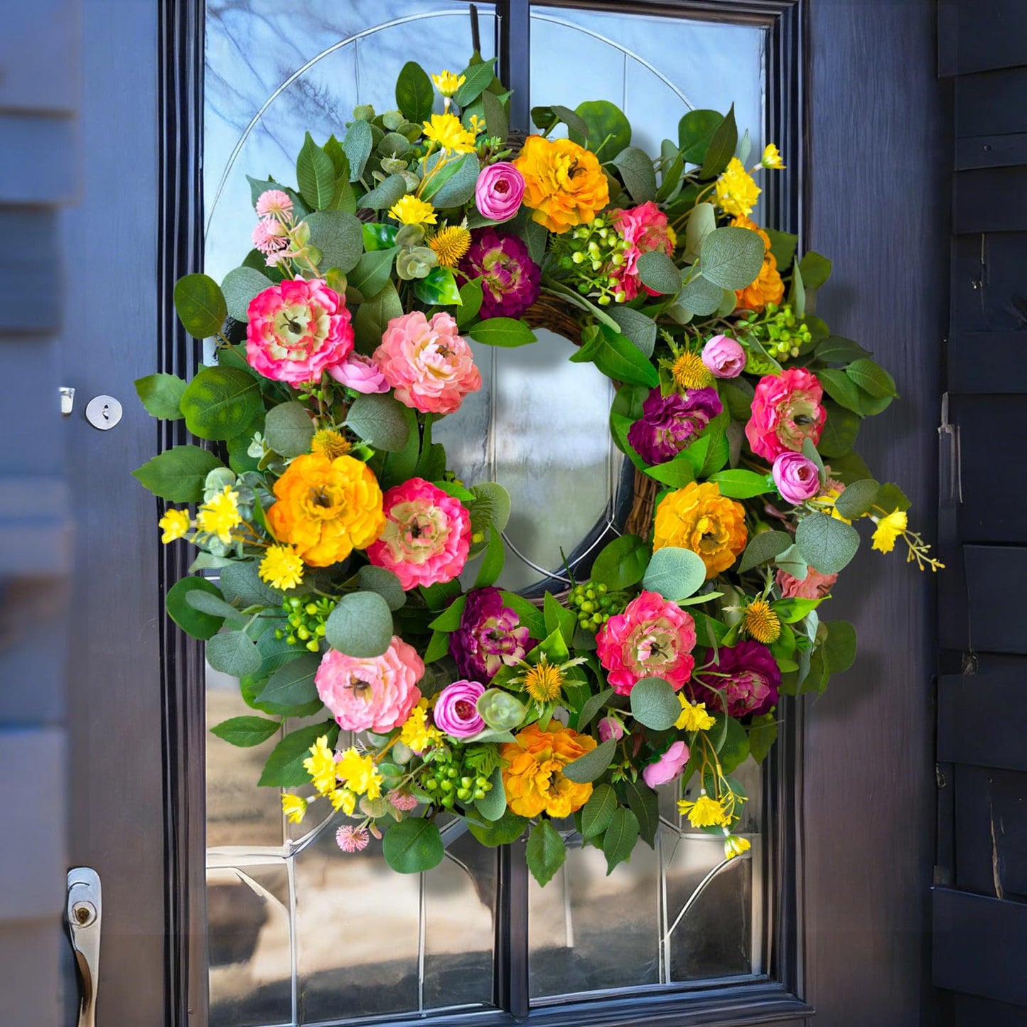 CHvista Spring Wreaths for Front Door 24 Inch Outdoor Spring Wreath with Peony Rose Ranunculus & Eucalyptus,Handmade Silk Summer Wreaths for Front Door,Spring Door Wreath for Porch Home Wall Window