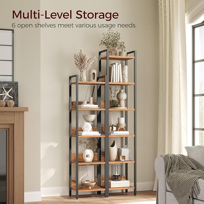MAHANCRIS Bookshelf, 6-Tier Bookcase, Standing Book Shelf for Small Space, Storage Shelf Organizer, for Living Room, Bedroom, Study, Balcony, Rustic Brown and Black BKHR6601