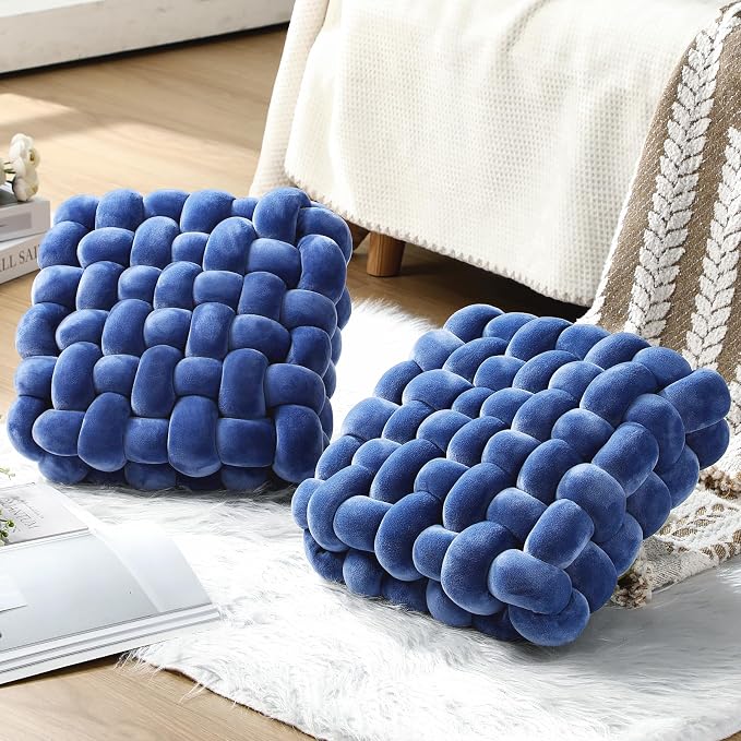 Wenqik 2 Pcs Knot Pillows Square Knotted Plush Throws Soft Accent Pillows Decoration Cushion for Couch Home Office Living Room Bedroom Bed Sofa Decor, 12'' x 13''(Blue,Crystal Velvet)